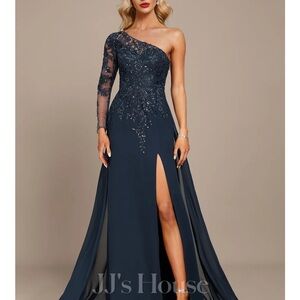 JJ House Ink Blue One Shoulder Floor Length Chiffon Evening Dress With Sequins